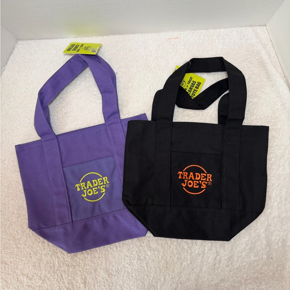 2 Trader Joe's Mini Tote Bags-Purple and Black NWT